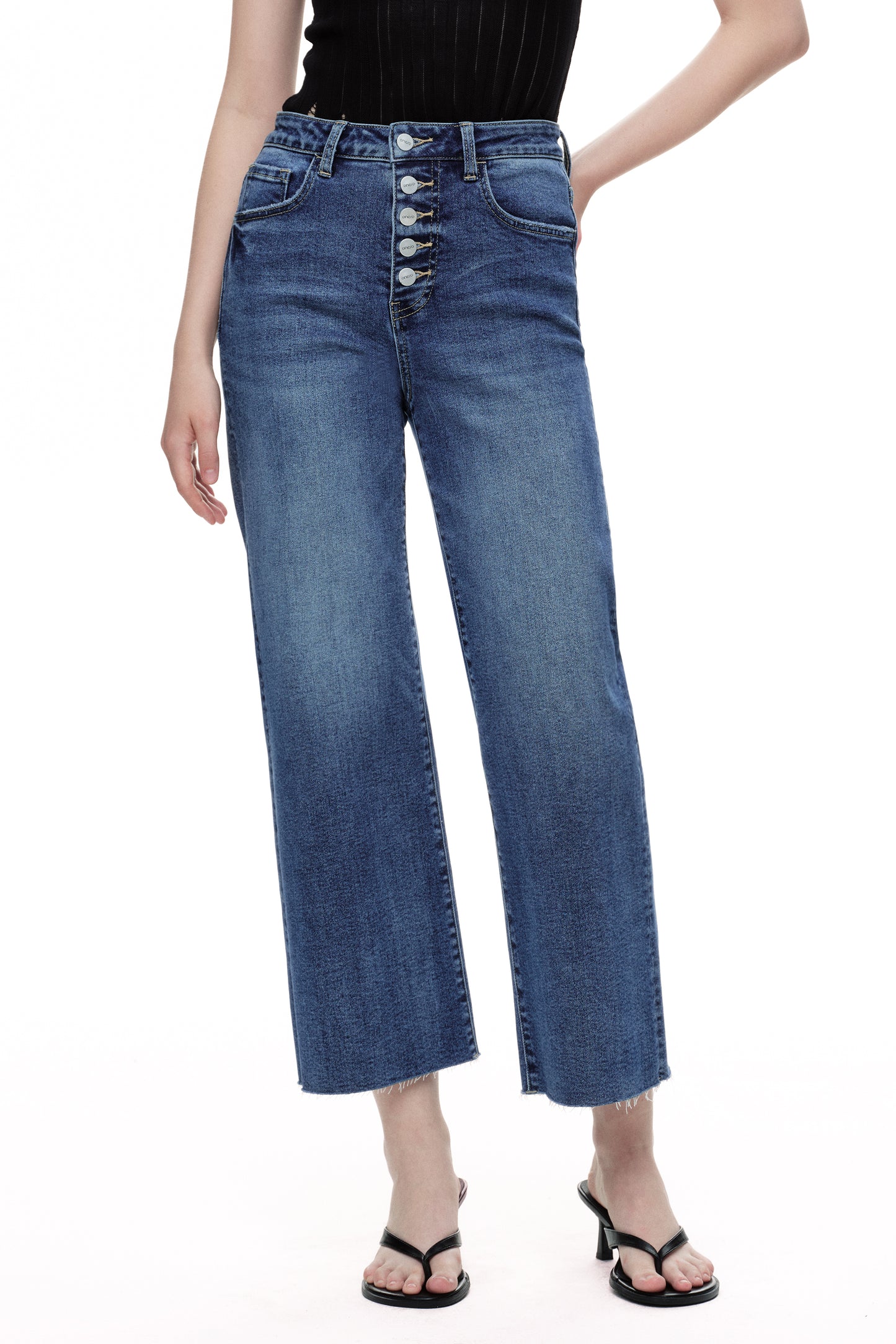 Cropped High Rise Wide Leg Jeans with Button-Fly Raw Hem OSN003