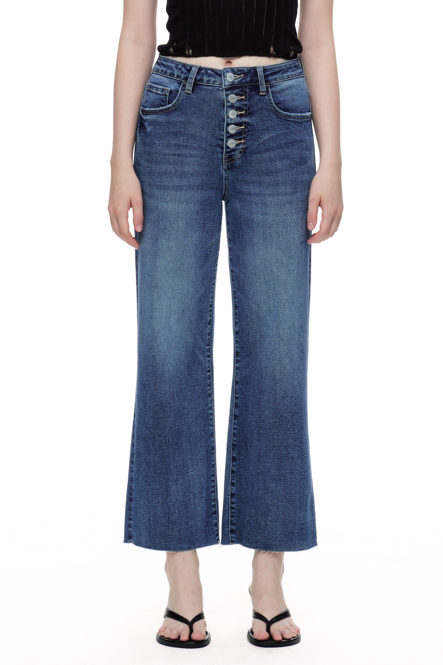 Cropped High Rise Wide Leg Jeans with Button-Fly Raw Hem OSN003
