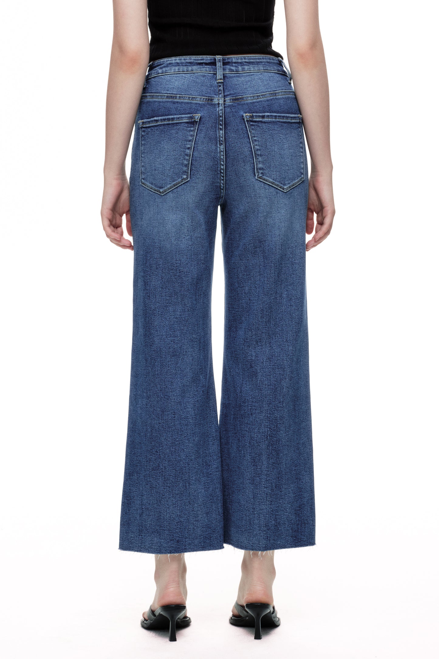 Cropped High Rise Wide Leg Jeans with Button-Fly Raw Hem OSN003