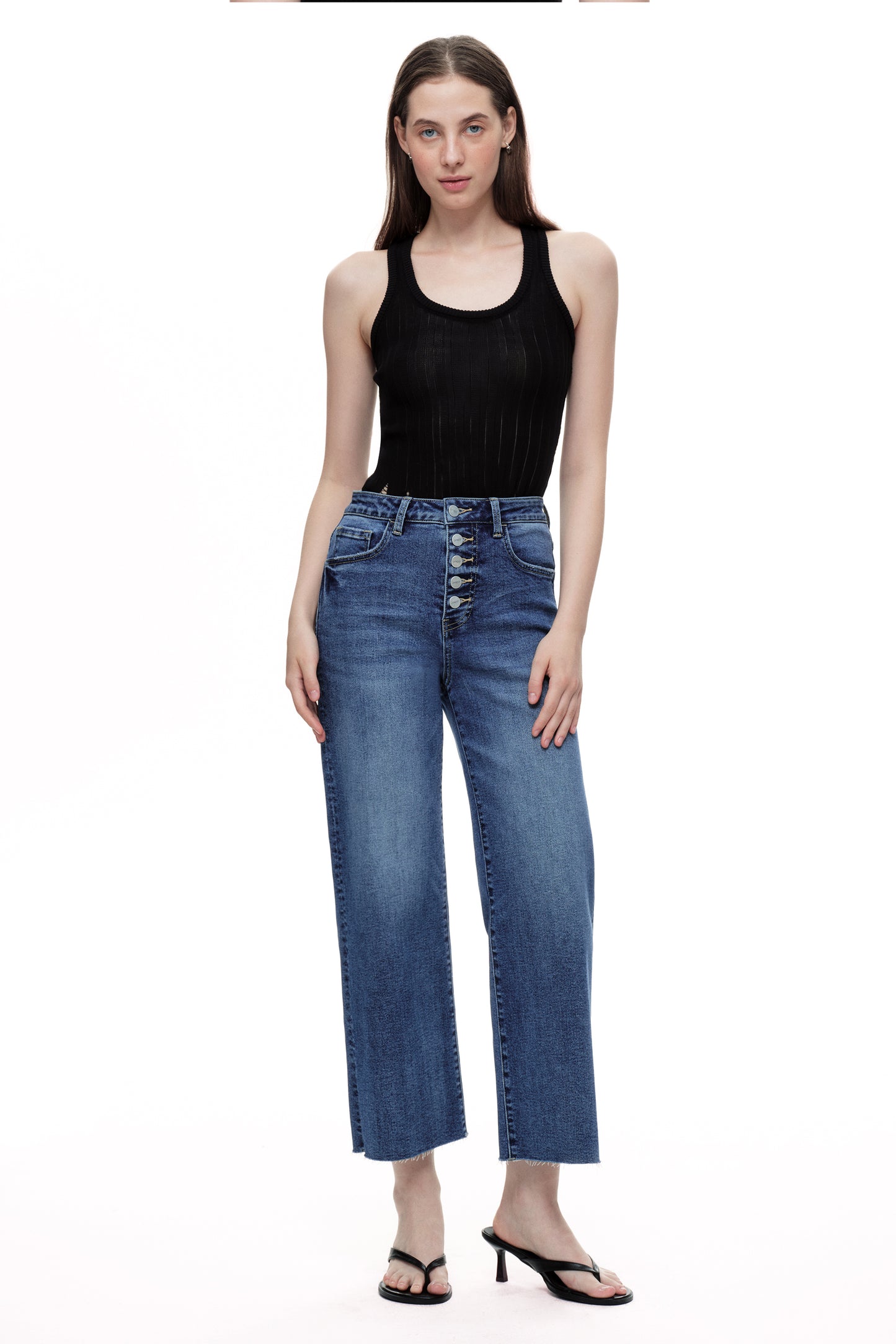 Cropped High Rise Wide Leg Jeans with Button-Fly Raw Hem OSN003