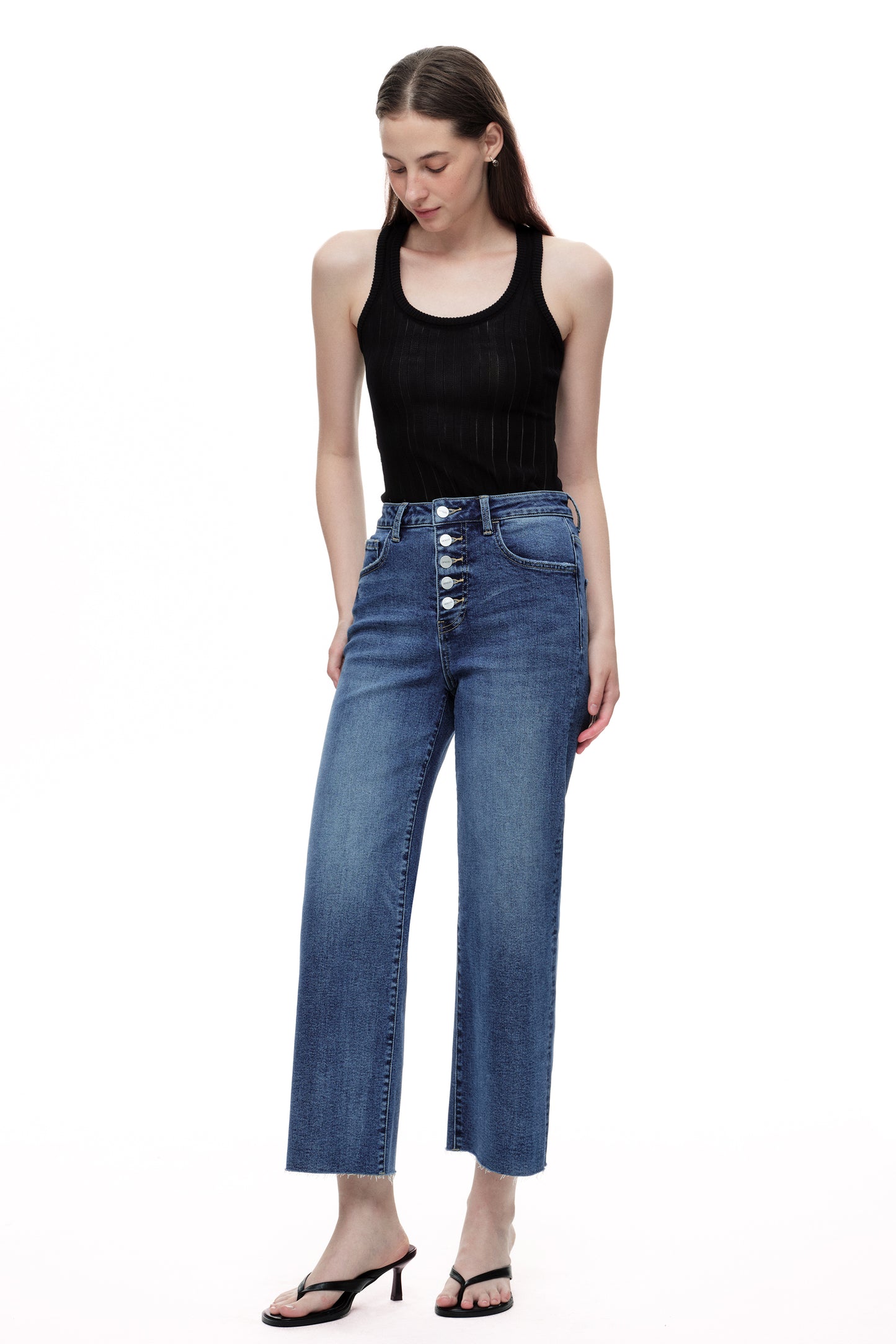 Cropped High Rise Wide Leg Jeans with Button-Fly Raw Hem OSN003