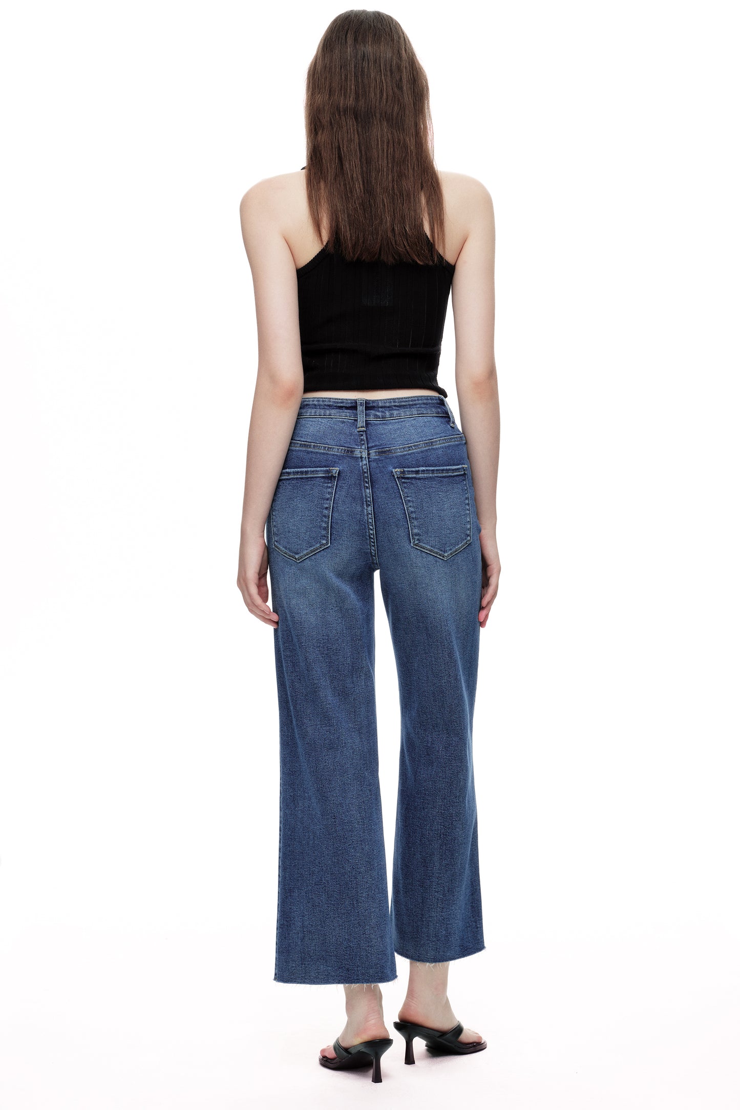 Cropped High Rise Wide Leg Jeans with Button-Fly Raw Hem OSN003