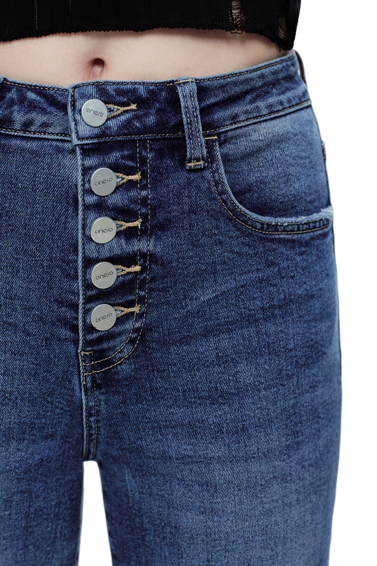 Cropped High Rise Wide Leg Jeans with Button-Fly Raw Hem OSN003