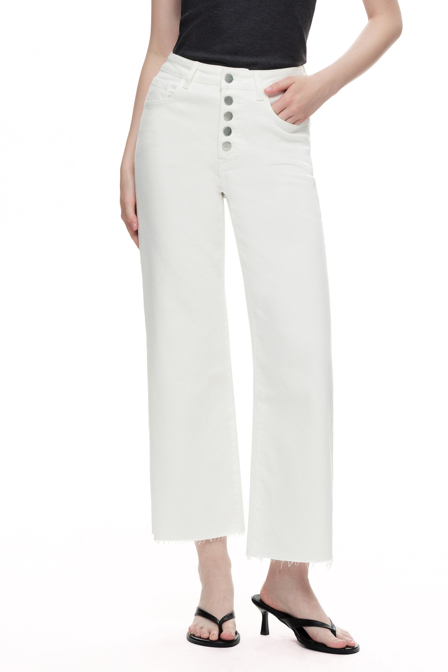 Cropped High Rise Wide Leg Jeans with Button-Fly Raw Hem OSN003