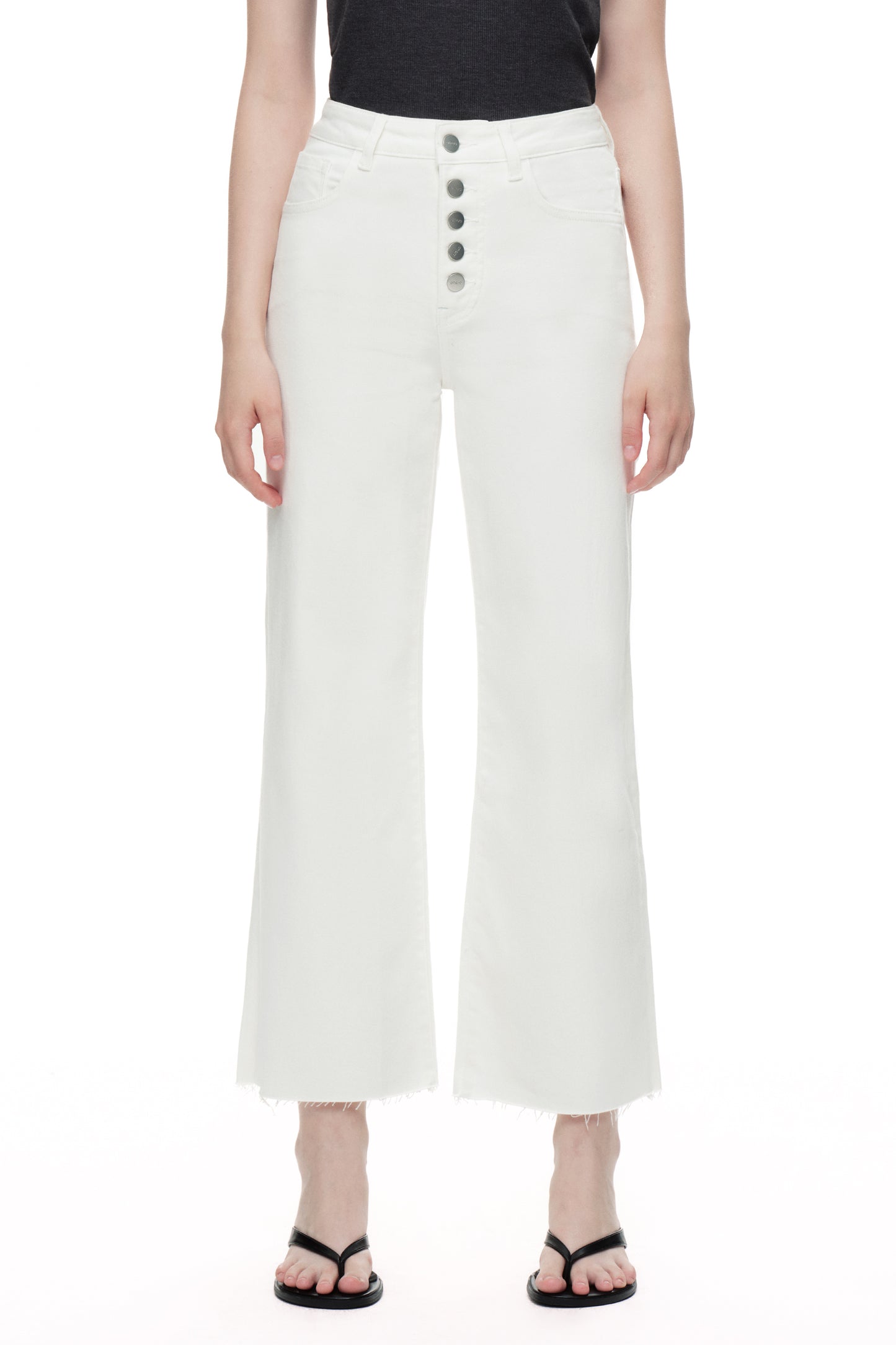 Cropped High Rise Wide Leg Jeans with Button-Fly Raw Hem OSN003