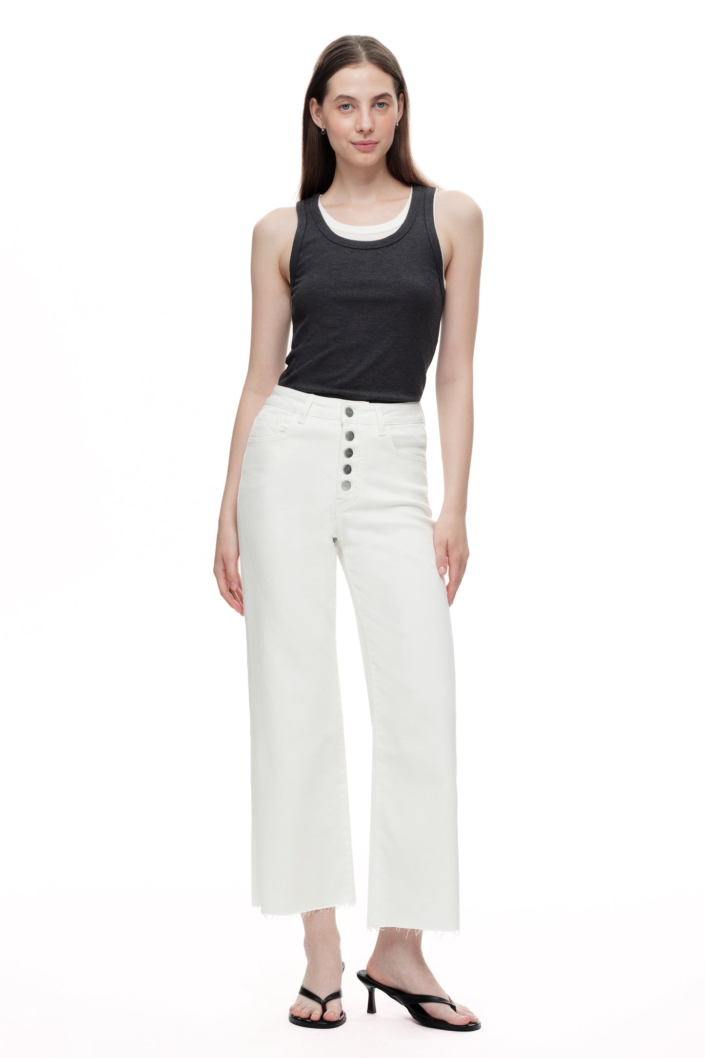 Cropped High Rise Wide Leg Jeans with Button-Fly Raw Hem OSN003