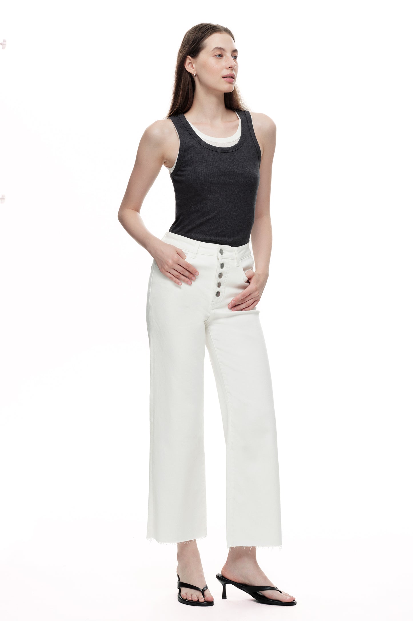 Cropped High Rise Wide Leg Jeans with Button-Fly Raw Hem OSN003