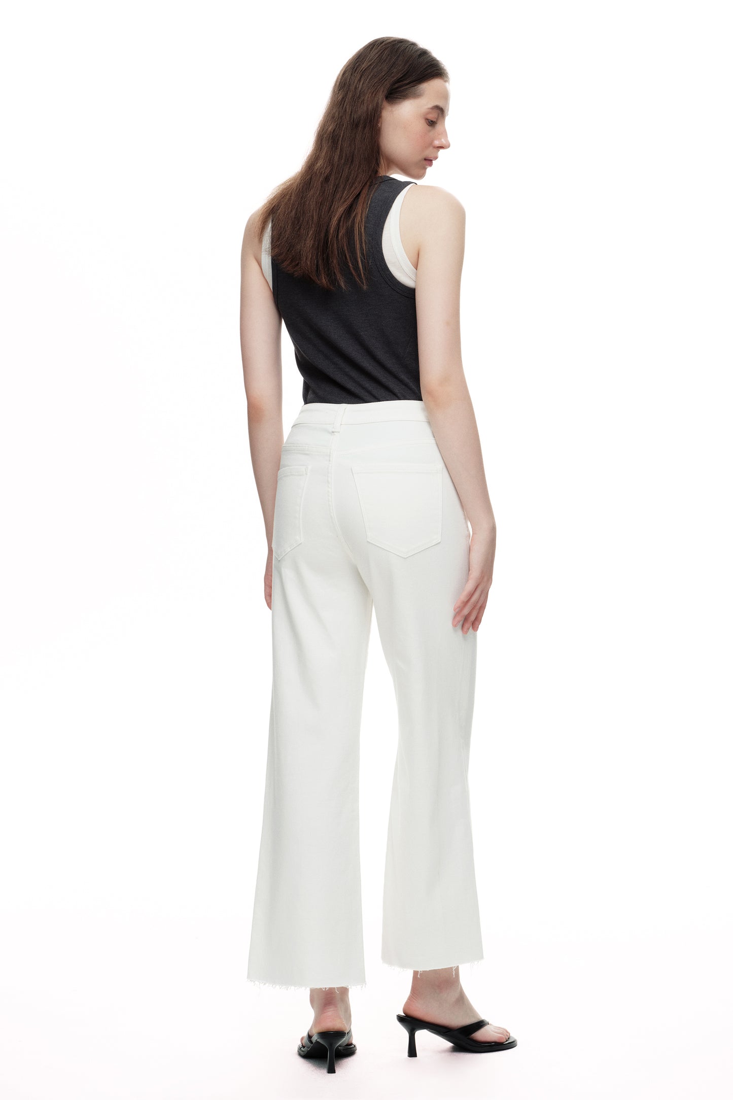 Cropped High Rise Wide Leg Jeans with Button-Fly Raw Hem OSN003