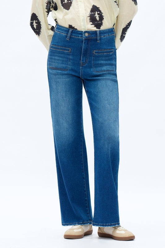 High Rise Straight Jeans Front Patch Pockets OST5023