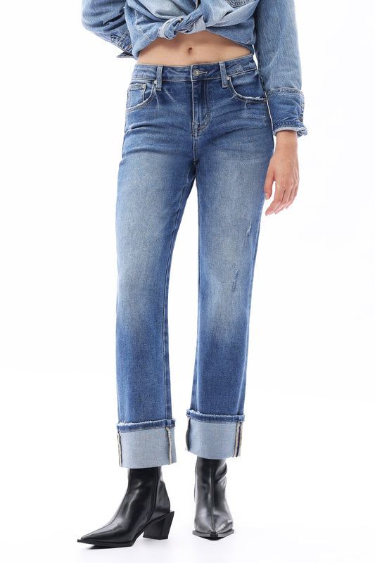 MID RISE CUFFED STRAIGHT DENIM JEANS OST5025 MDEIUM BLUE