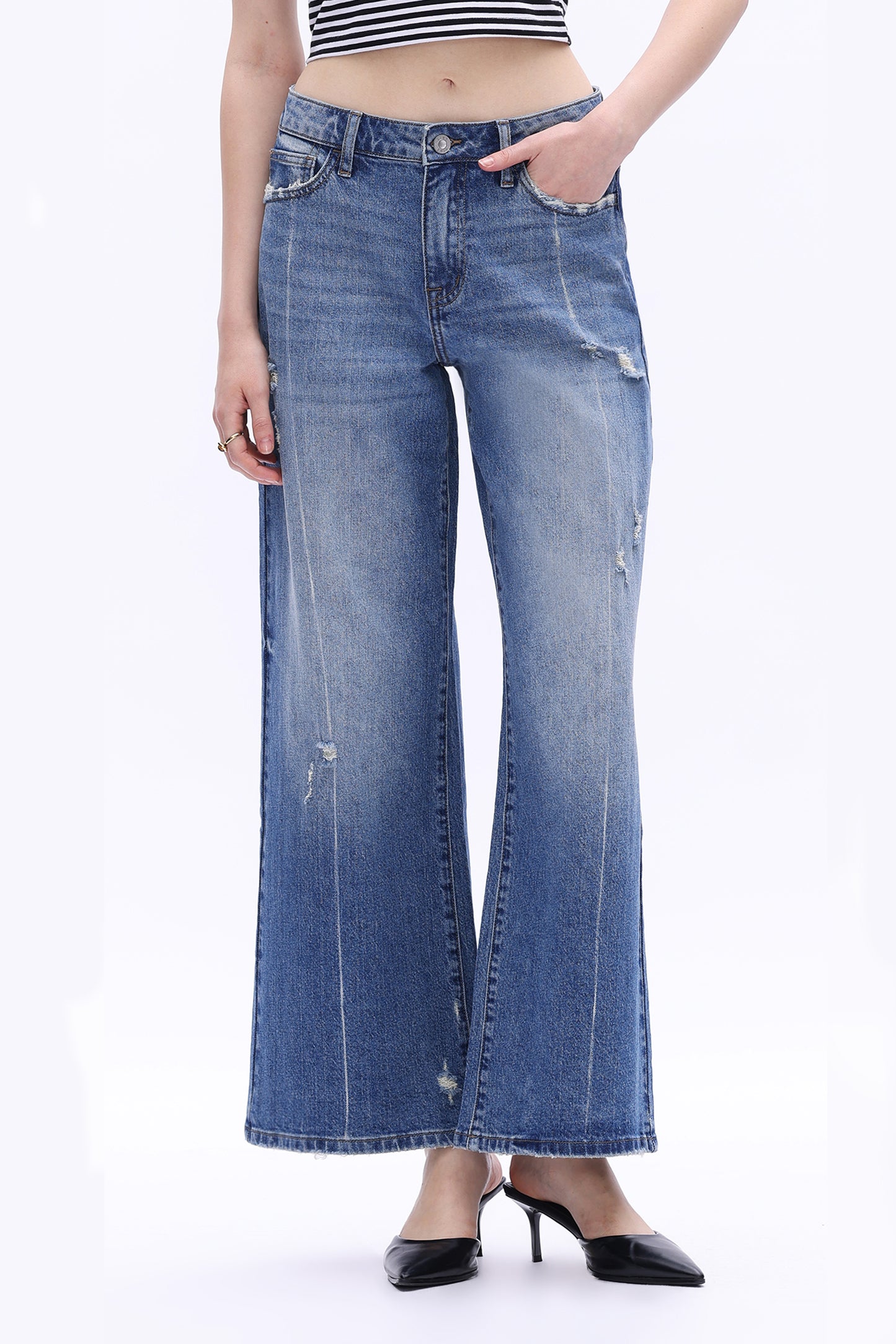 Low Rise Wide Leg  Distressed Jeans OSW8014