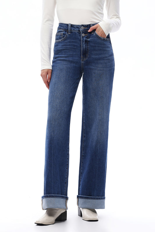 HIGH RISE ROLLED HEM WIDE LEG DENIM JEANS OSW8015 MEDIUM BLUE