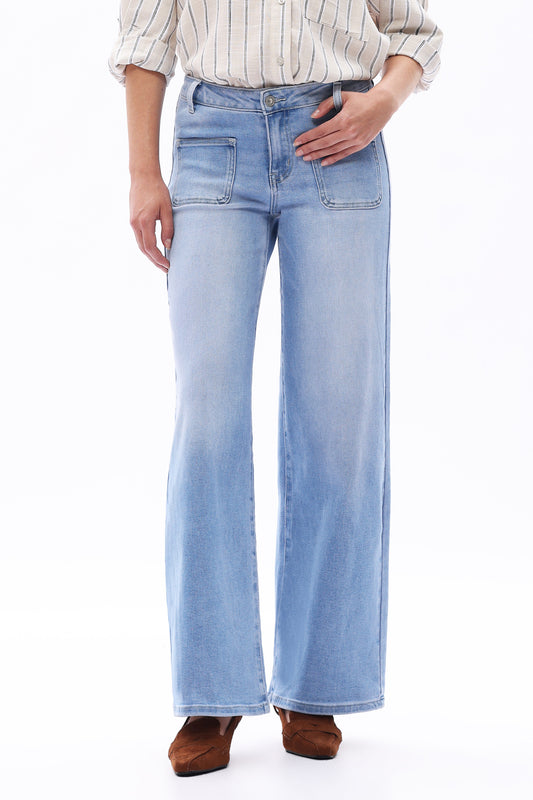 Mid Rise Wide Leg Front Patch Pockets Denim Jeans OSW8018