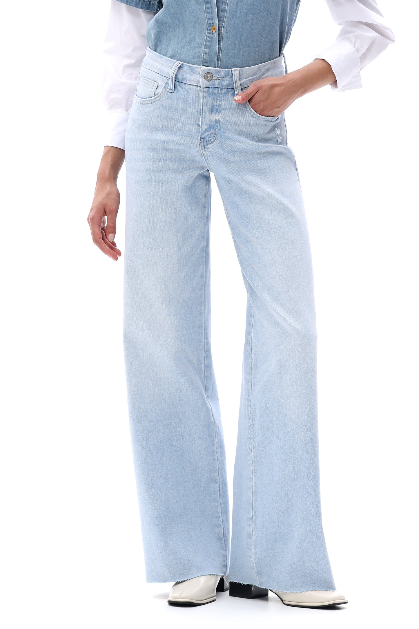 Mid Rise Wide Leg Jeans Raw Hem Vintage Denim OSW8019