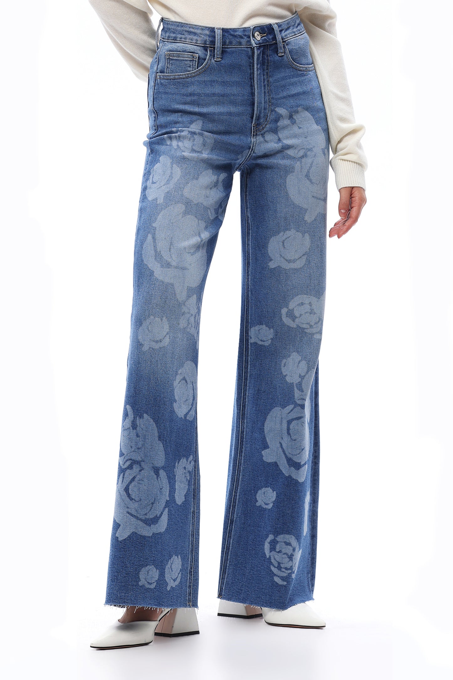 Super High Rise Wide Leg Denim Jeans With Floral Print OSW8101-2